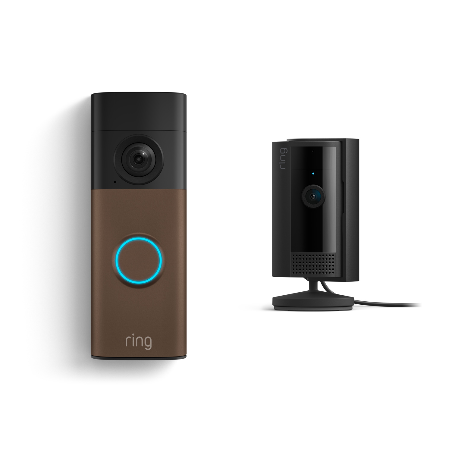 Battery Doorbell (Newest Model) + Indoor Camera (Newest Model) - Ring doorbell with blue-lit button beside a small black indoor camera on a stand, both against a white background.