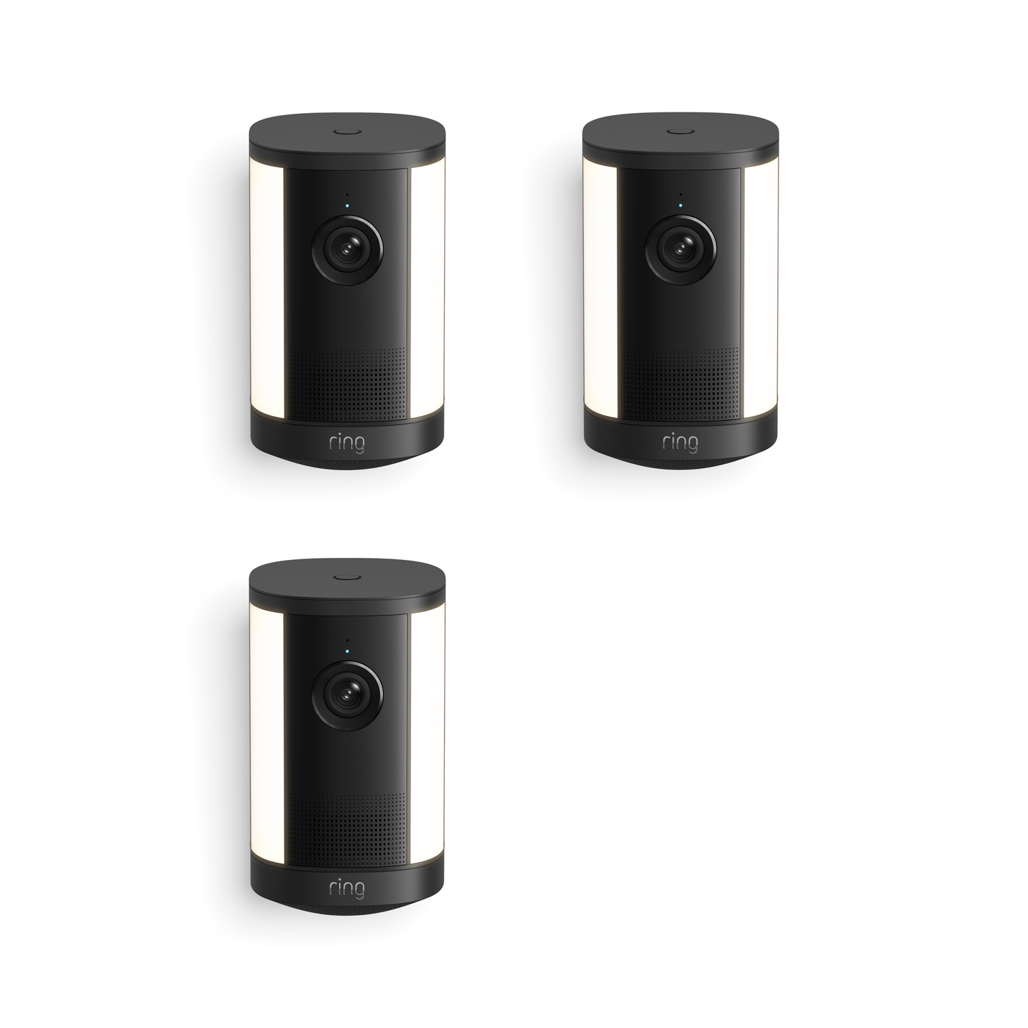 Spotlight Cam 4K Plus - Set of three black Ring spotlight security cameras with side lights, front lens, and speaker grilles on a white background.