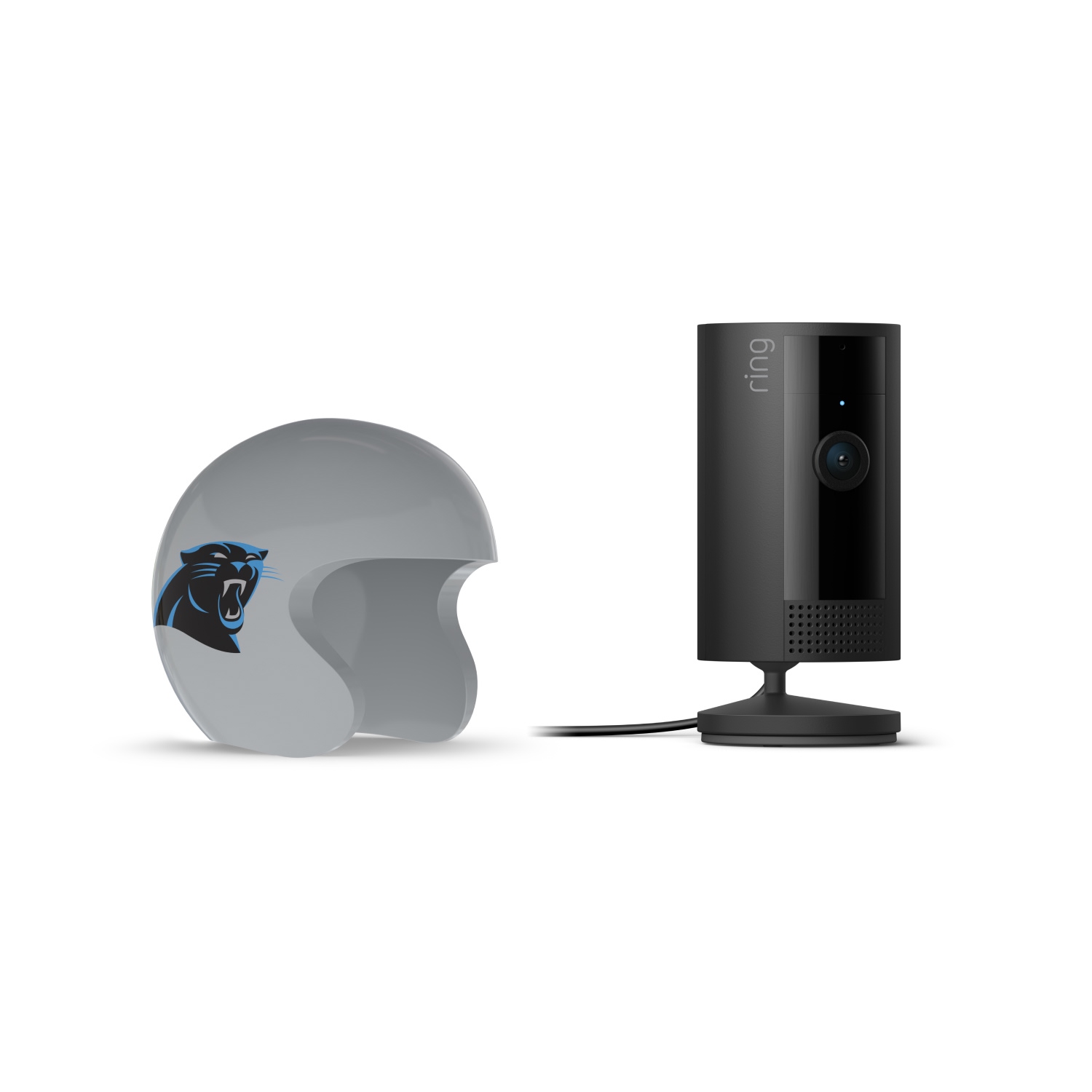 Indoor Cam, Black + NFL Game Day Cam Cover — NFC - Black Ring indoor camera on a stand beside a gray mini football helmet with a black-and-blue panther logo, on a white background.