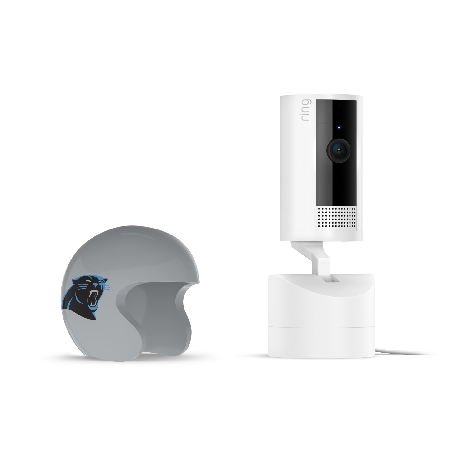 Pan-Tilt Indoor Cam, White + NFL Game Day Cam Cover — NFC - White Ring indoor camera on stand beside gray mini football helmet with black-and-blue panther logo on a white background.