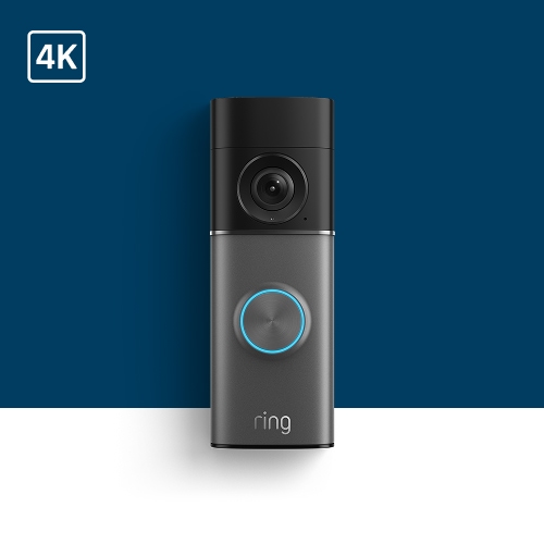 Ring video doorbell with 4K camera, dark gray design with blue illuminated button against navy background.