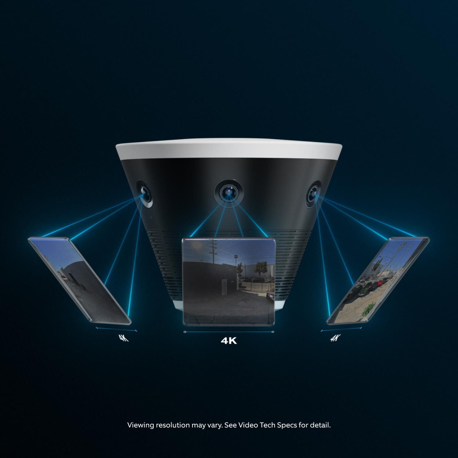 Ring Elite 180 4K - Ceiling-mounted multi-lens security camera showing three 4K views from different angles against a dark blue background.