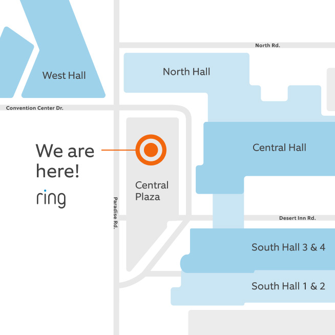 Map of LVCC showing Ring's booth location in Central Plaza, marked with an orange circle.