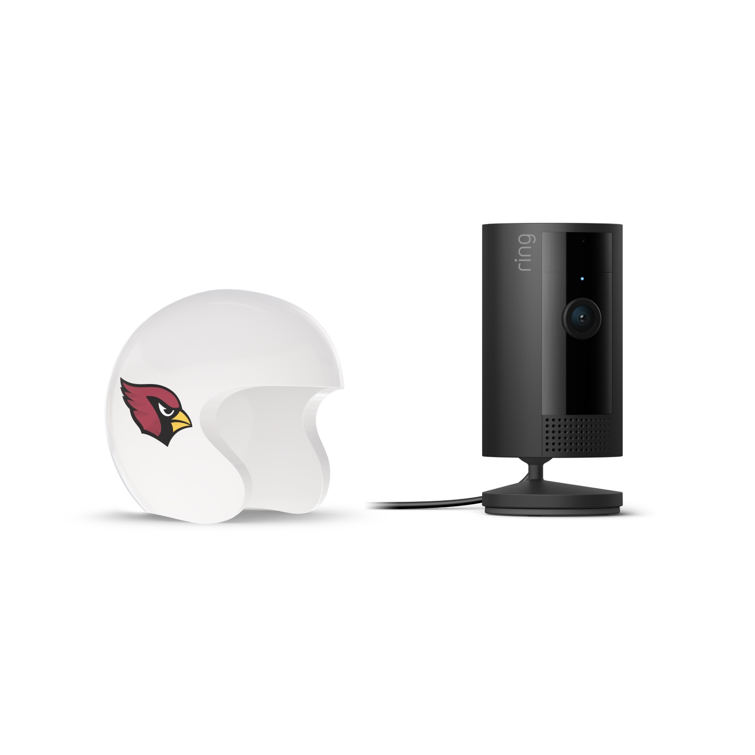 Indoor Cam, Black + NFL Game Day Cam Cover — NFC - Black Ring indoor camera on a stand beside a white helmet-shaped cover with a red cardinal logo, set against a white background.