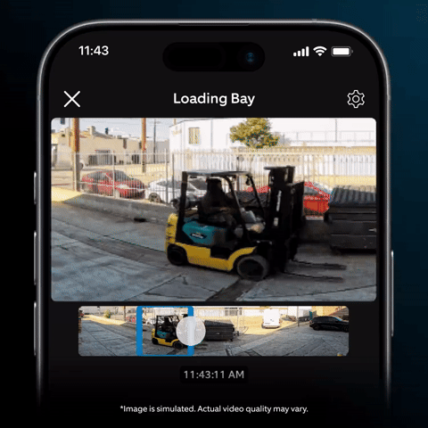 Ring Elite 270 4K - Smartphone screen showing a “Loading Bay” video timeline with a yellow-green forklift driving on a ramp near parked cars.