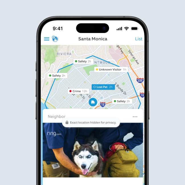 Ring Neighbors app displaying map of Santa Monica and lost pet alert, with emergency responders with dog overlaid.