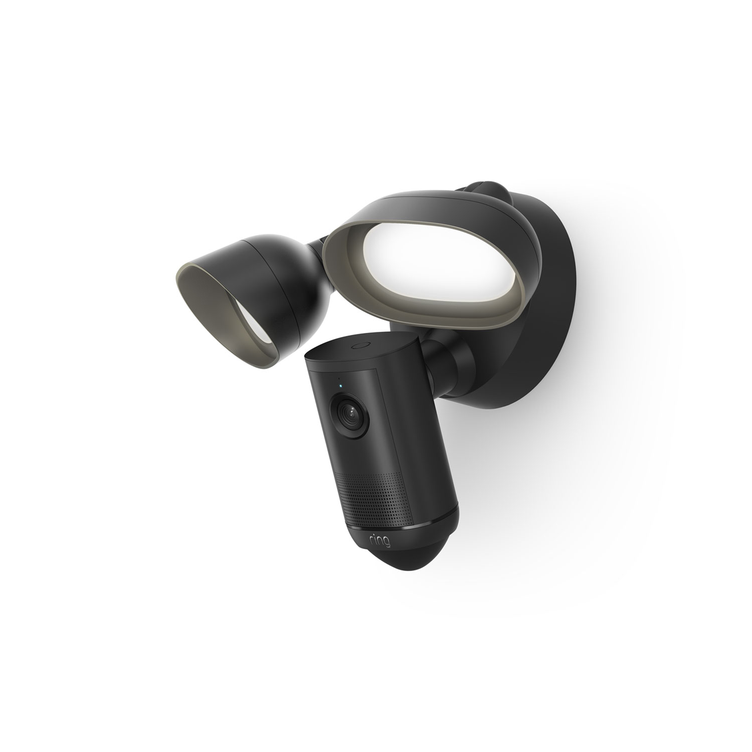 Floodlight Cam 4K Plus - Black outdoor floodlight with integrated camera mounted on a wall, featuring two adjustable LED lamps and a central camera unit.