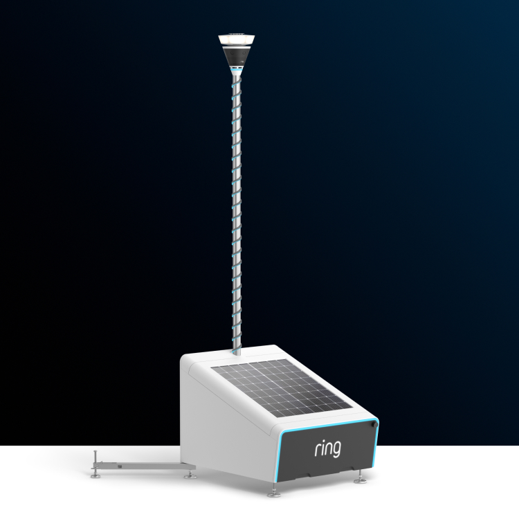 Solar-powered Ring device with a tall telescoping pole and conical top, set against a dark gradient background.