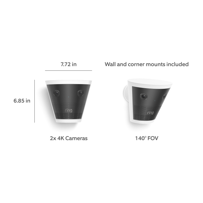 White Ring cone-shaped unit with two 4K lenses, 7.72 in wide, 6.85 in tall, wall mount shown, 140° field of view.