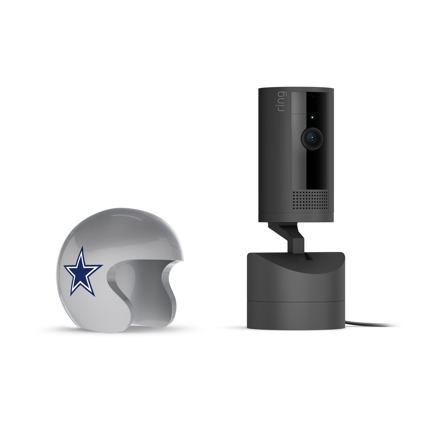Pan-Tilt Indoor Cam, Black + NFL Game Day Cam Cover — NFC - Black Ring indoor camera on a stand next to a silver mini helmet with a blue star logo, against a white background.