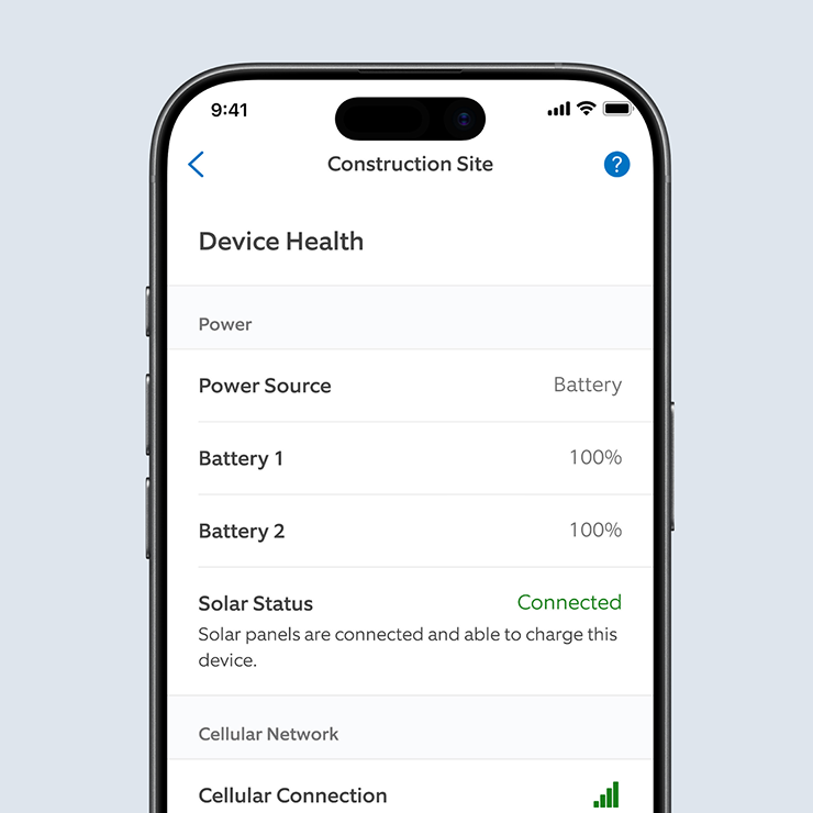 Smartphone screen showing a “Device Health” page for a construction site: power source battery, Battery 1 and 2 at 100%, solar status connected.