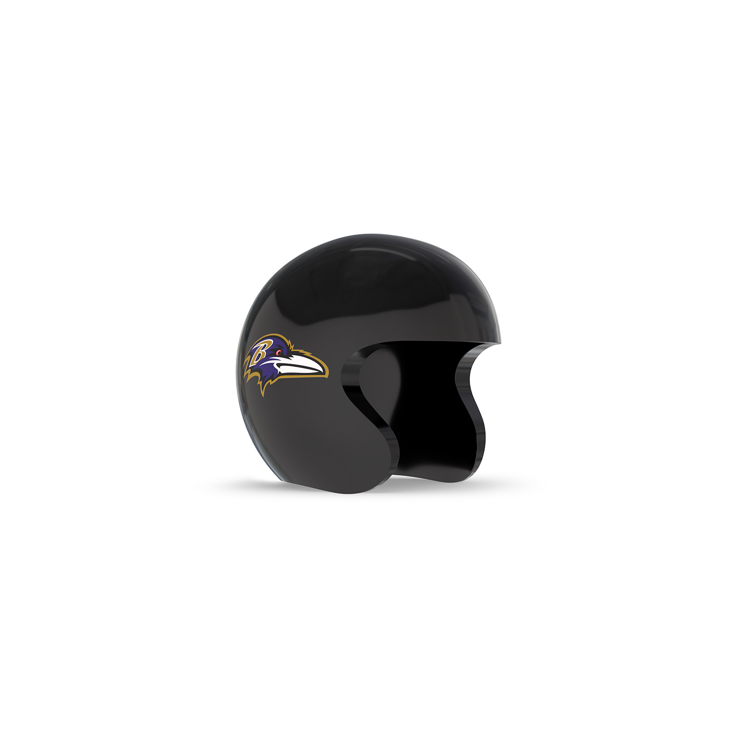 NFL Game Day Cam Cover (Indoor Cam, Pan-Tilt Indoor Cam) - AFC - Glossy black half helmet with purple-and-gold raven logo on the side, open face design, set against a white background.