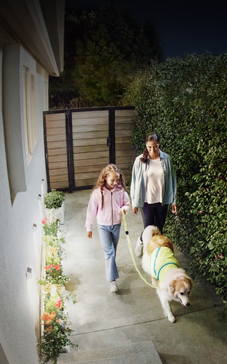 A woman and a girl walking their golden retriever on an entry path to a house, in view of an outdoor camera. A video oscillates between a black-and-white image and a crisp color image, displaying 2K clarity.