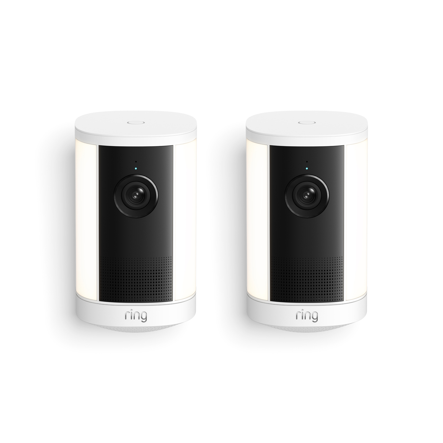 Spotlight Cam 4K Plus - Two white cylindrical Ring spotlight cameras with black lens panels and LED light strips, shown side by side on a white background.