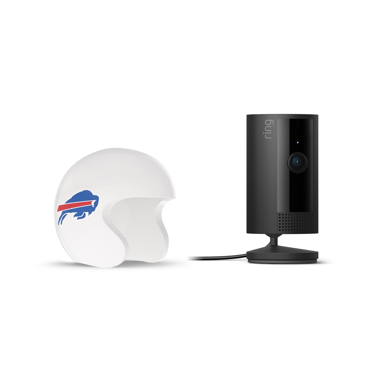 Indoor Cam, Black + NFL Game Day Cam Cover — AFC - Black Ring indoor camera on stand next to a small white football helmet with a blue buffalo logo and red stripe on a white background.