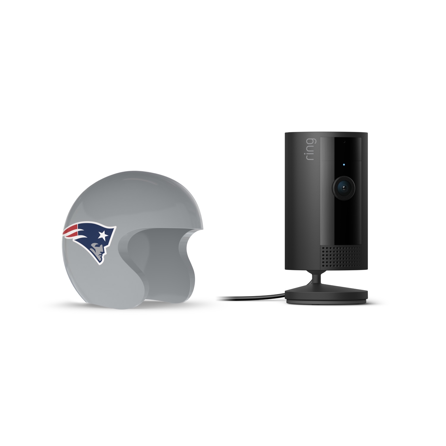 Indoor Cam, Black + NFL Game Day Cam Cover — AFC - Black Ring indoor camera on a stand beside a gray football helmet with a Patriots logo, set against a white background.