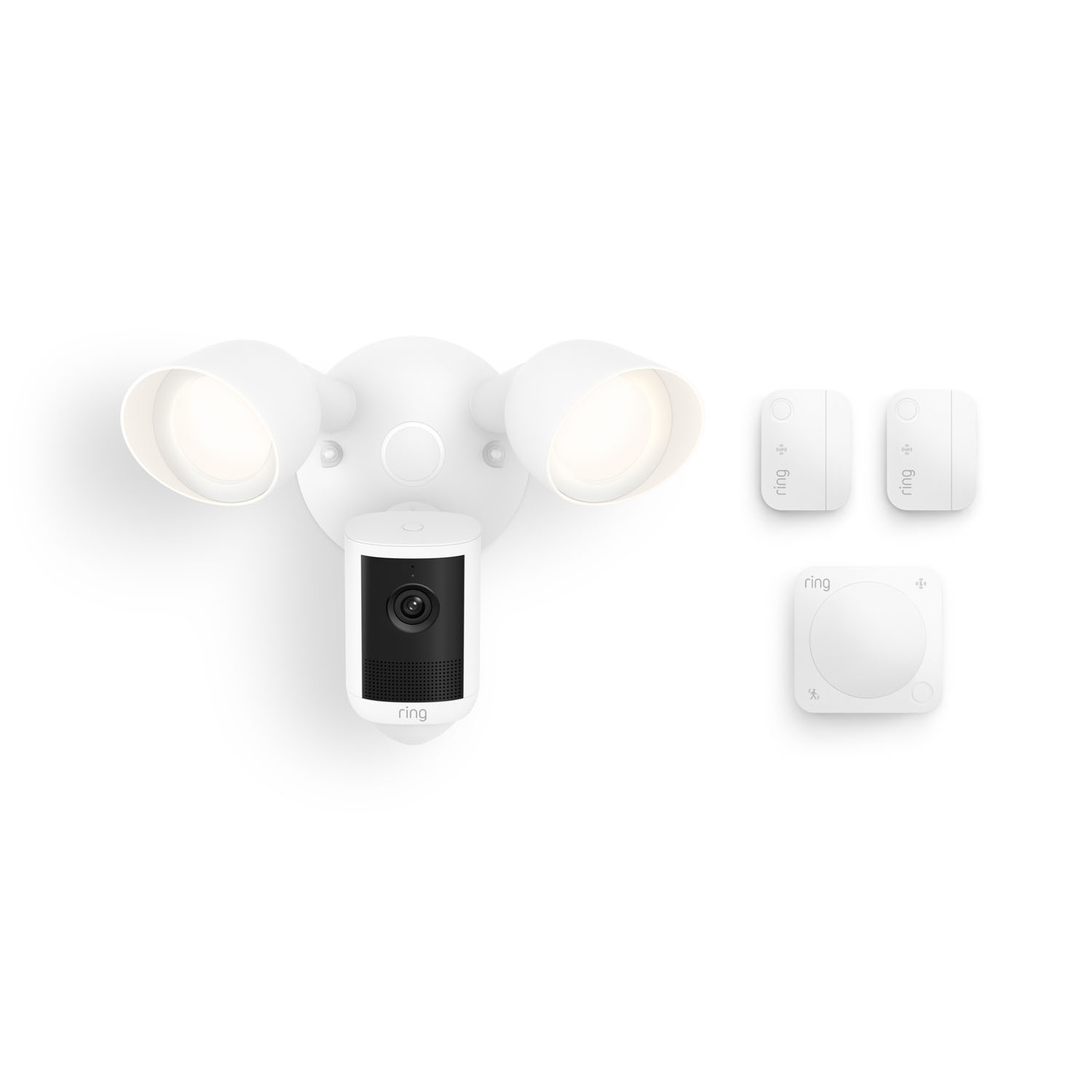 Floodlight Cam, Wired (Newest Model) + 2 Window & Door Sensors + Motion Detector - White Ring floodlight camera with two lit lamps, shown with two contact sensors and a square motion detector on a white background.