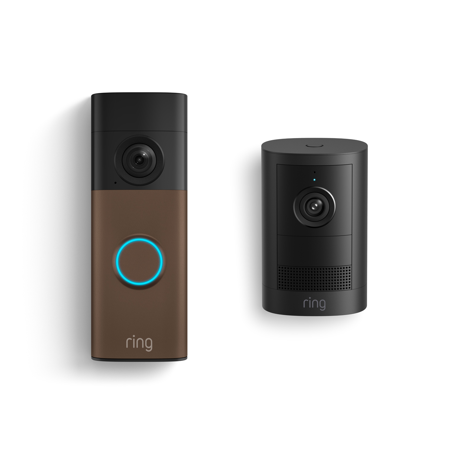 Battery Doorbell 2K + Outdoor Cam 2K, Battery - Ring Battery Doorbell 2K in Matte Mocha with Outdoor Cam 2K, Battery in Black.