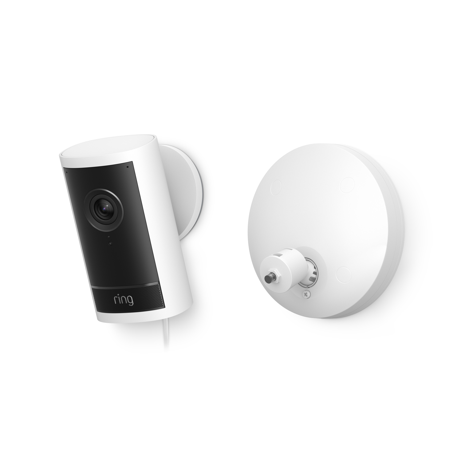 Outdoor Cam Pro (Featuring Retinal 4K) - Wired:A view of Outdoor Cam Pro next to its hardwired mount in white.