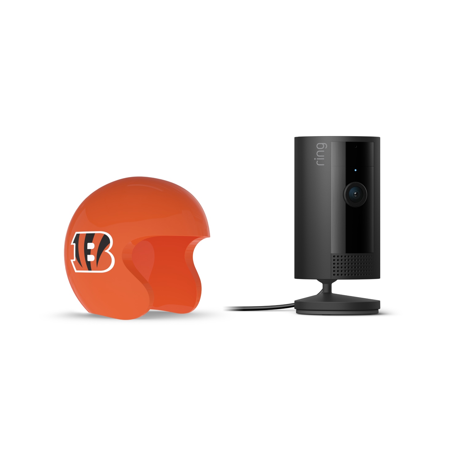 Indoor Cam, Black + NFL Game Day Cam Cover — AFC - Black Ring indoor camera on a stand next to an orange mini football helmet with a bold “B” logo on white background.