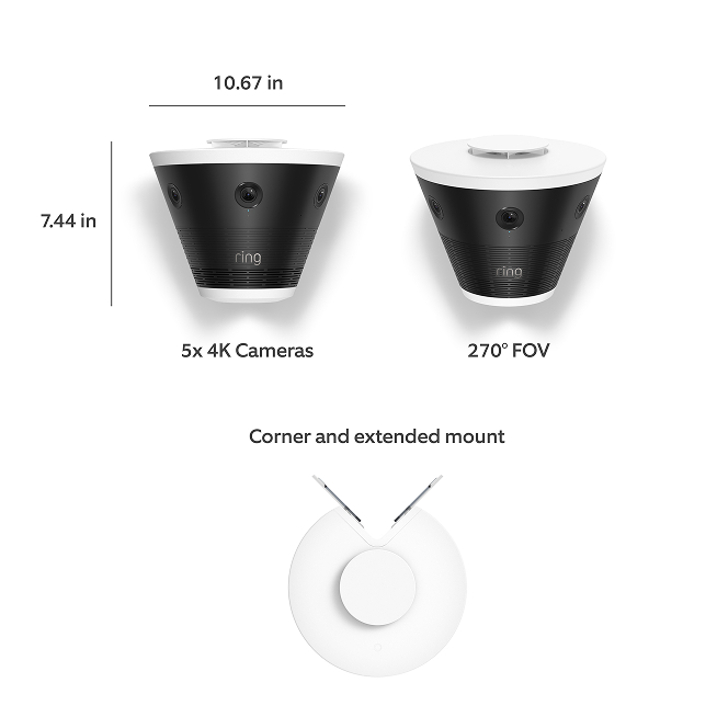Black and white cone-shaped Ring device with five 4K lenses, 270° field of view, 10.67 in wide by 7.44 in tall, and a built-in corner mount.