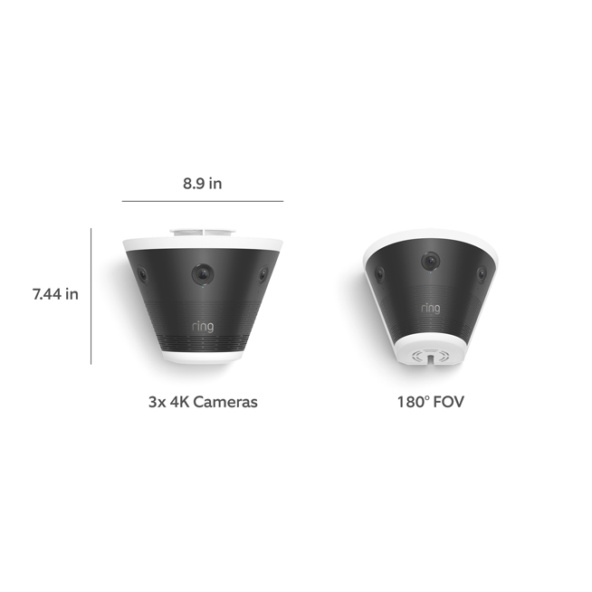 Black and white cone-shaped Ring device with three 4K lenses, 180° field of view, shown with dimensions 8.9 in wide and 7.44 in tall.