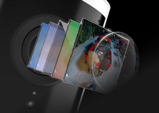 Graphic showing a security camera lens with layered coated elements and a front frame showing footage of two people near a red car in a driveway gate.