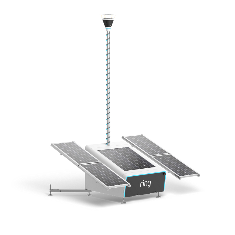 Ring elite solar panel base and a tall spiral pole topped by a camera dome, shown on a white background.