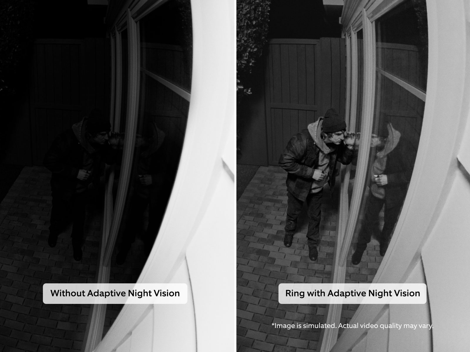 Two side-by-side images. On left, a dark view. On the right, the same image brightened, revealing a burglar peering into a window. Disclaimer: 