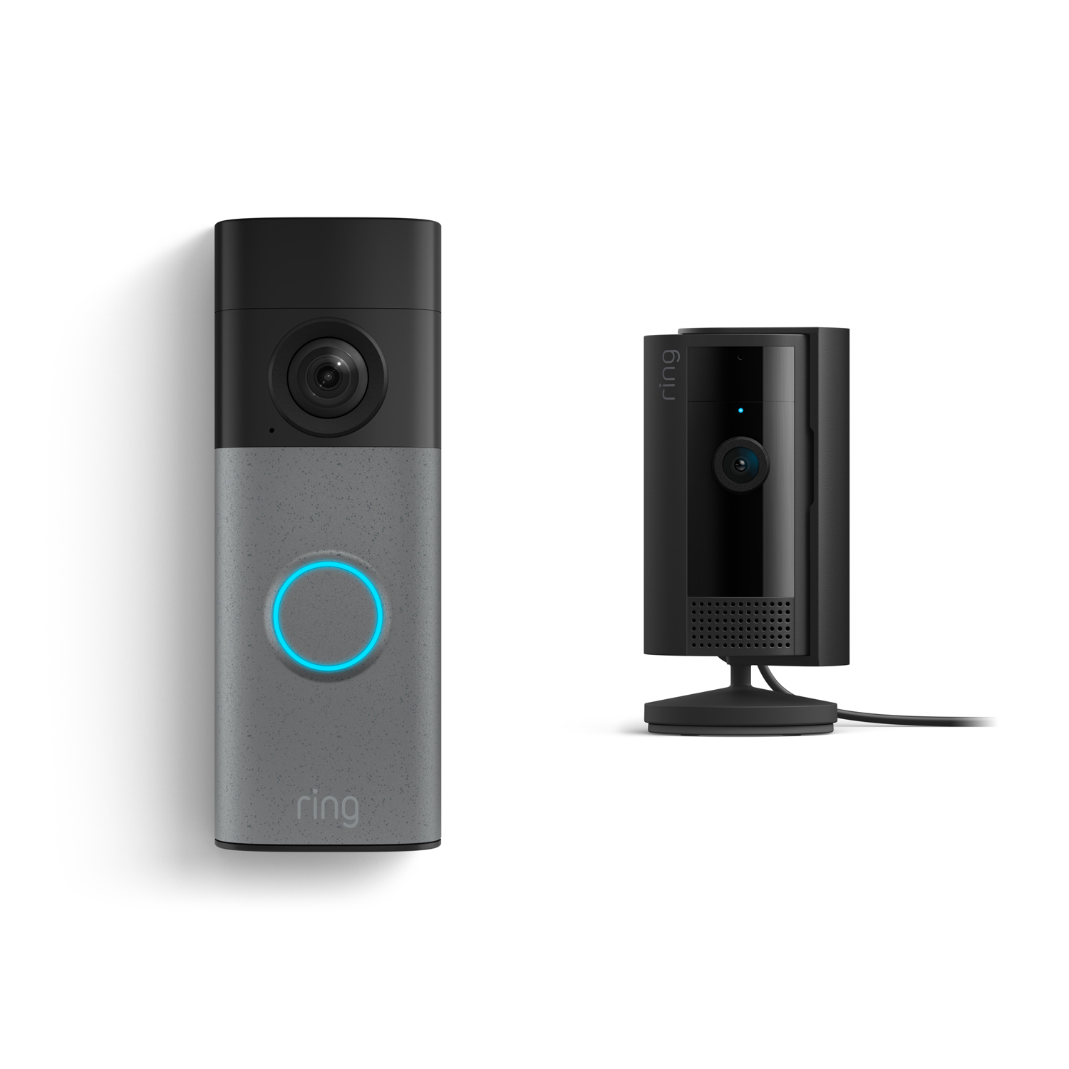 Battery Doorbell (Newest Model) + Indoor Camera (Newest Model) - Gray smart doorbell with glowing blue ring next to a small black indoor camera on a stand against a white background.