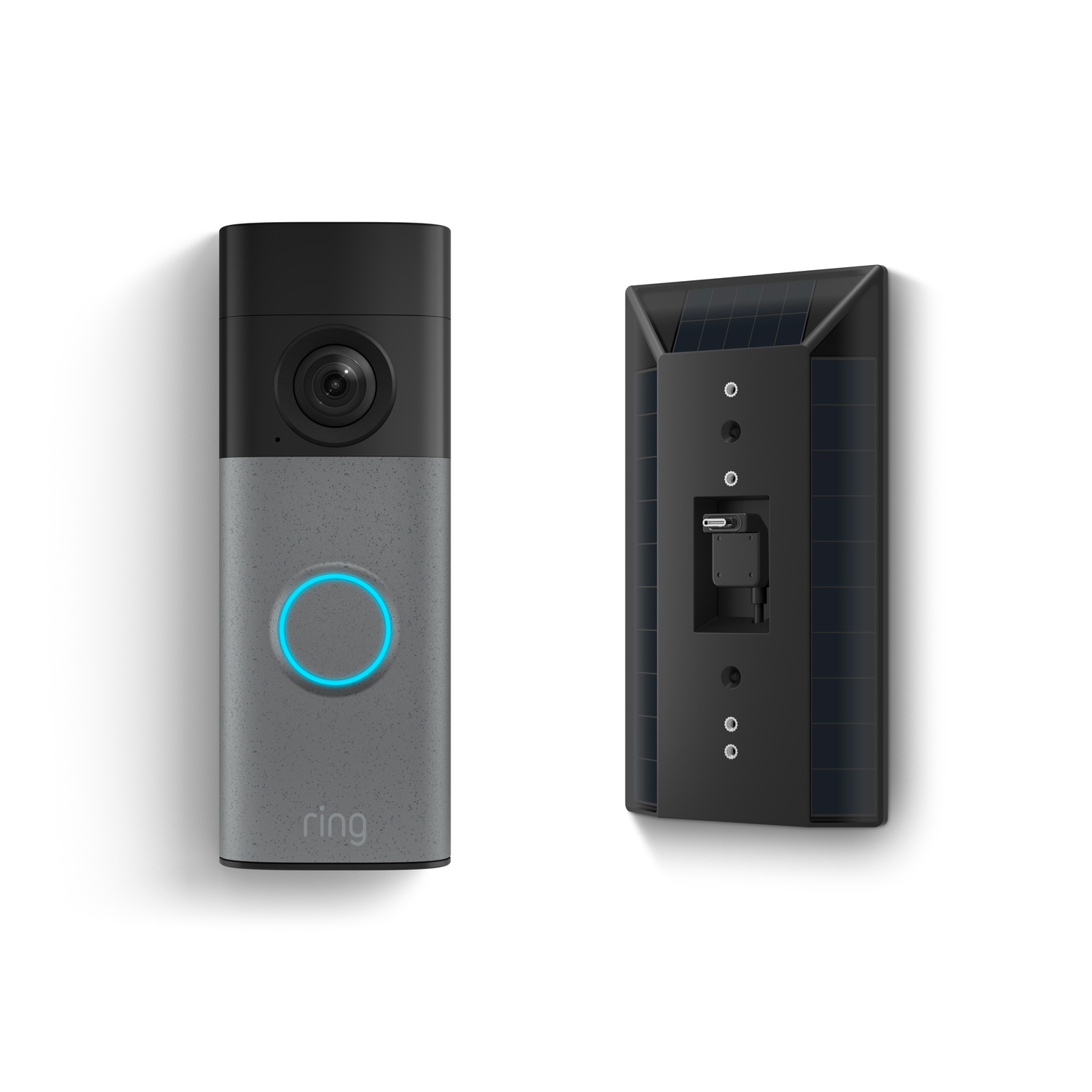 Battery Doorbell 2K + Solar Charger - Battery Doorbell 2K  with blue-lit ring next to a black solar panel mount showing a USB-C port and mounting holes.