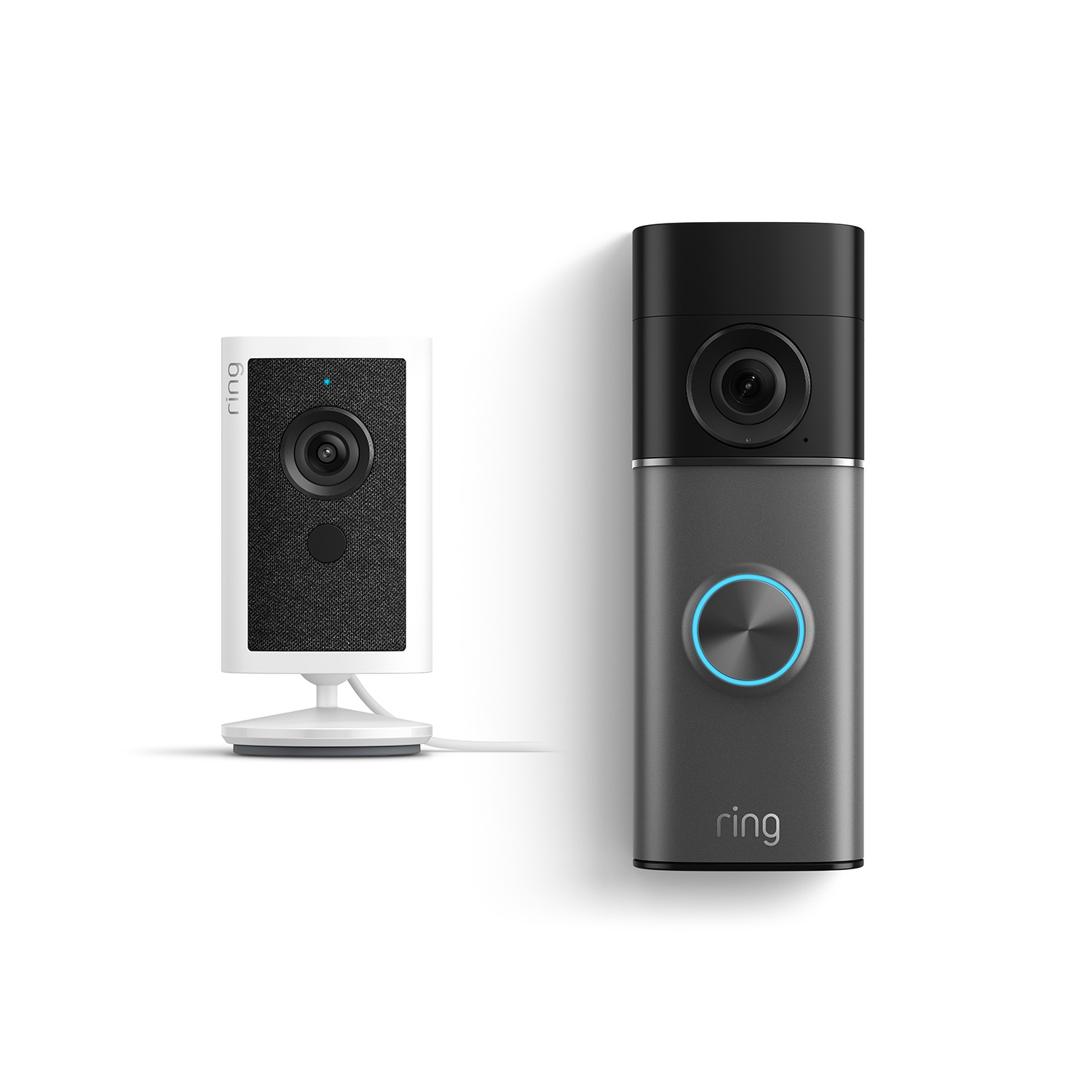 Battery Doorbell 4K Pro + Indoor Cam 4K - Ring indoor camera on a stand next to a black-and-gray Ring video doorbell with a blue-lit button on a white background.