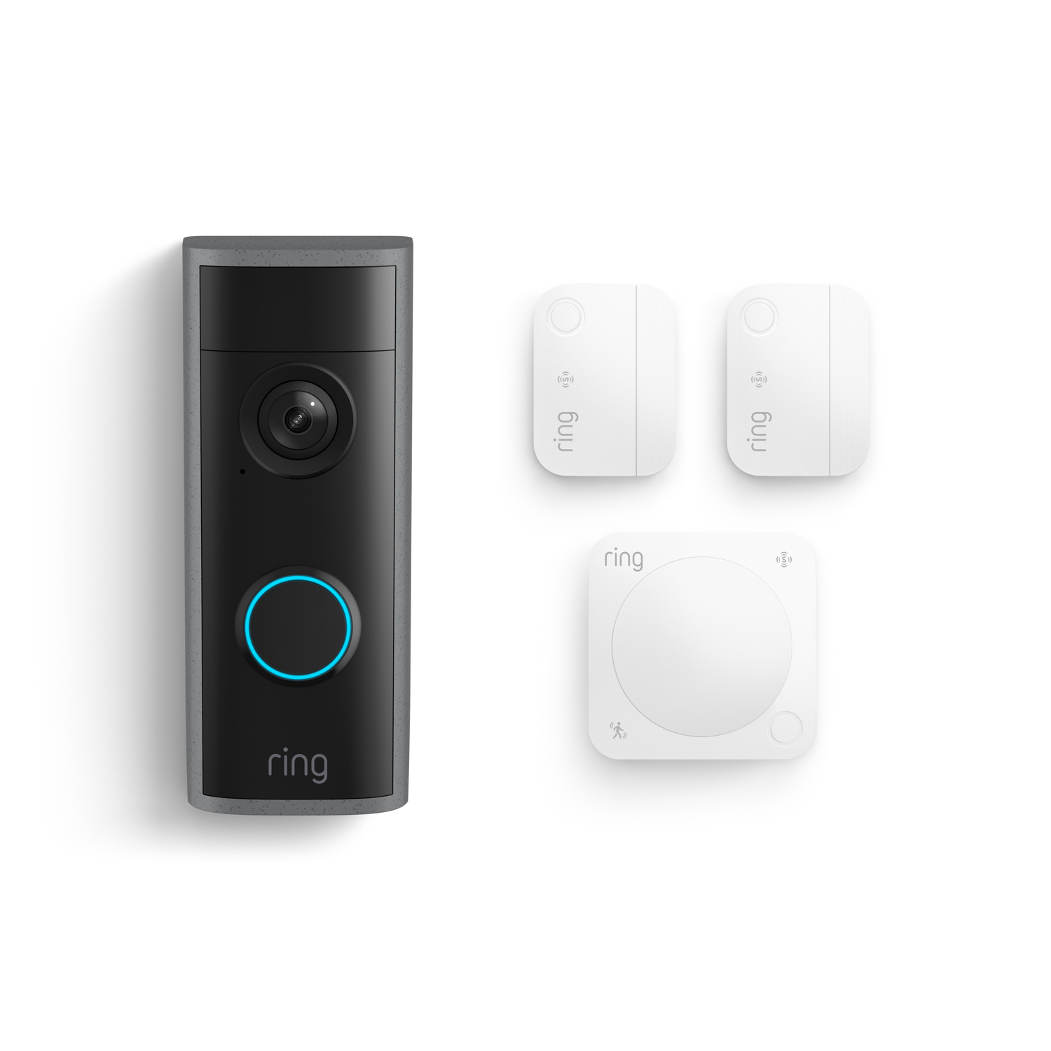 Peephole Cam 2K + 2-Pack Window and Door Sensors + Motion Detector - Ring doorbell with blue-lit button and camera, shown with two white contact sensors and a square wireless chime on a white background.