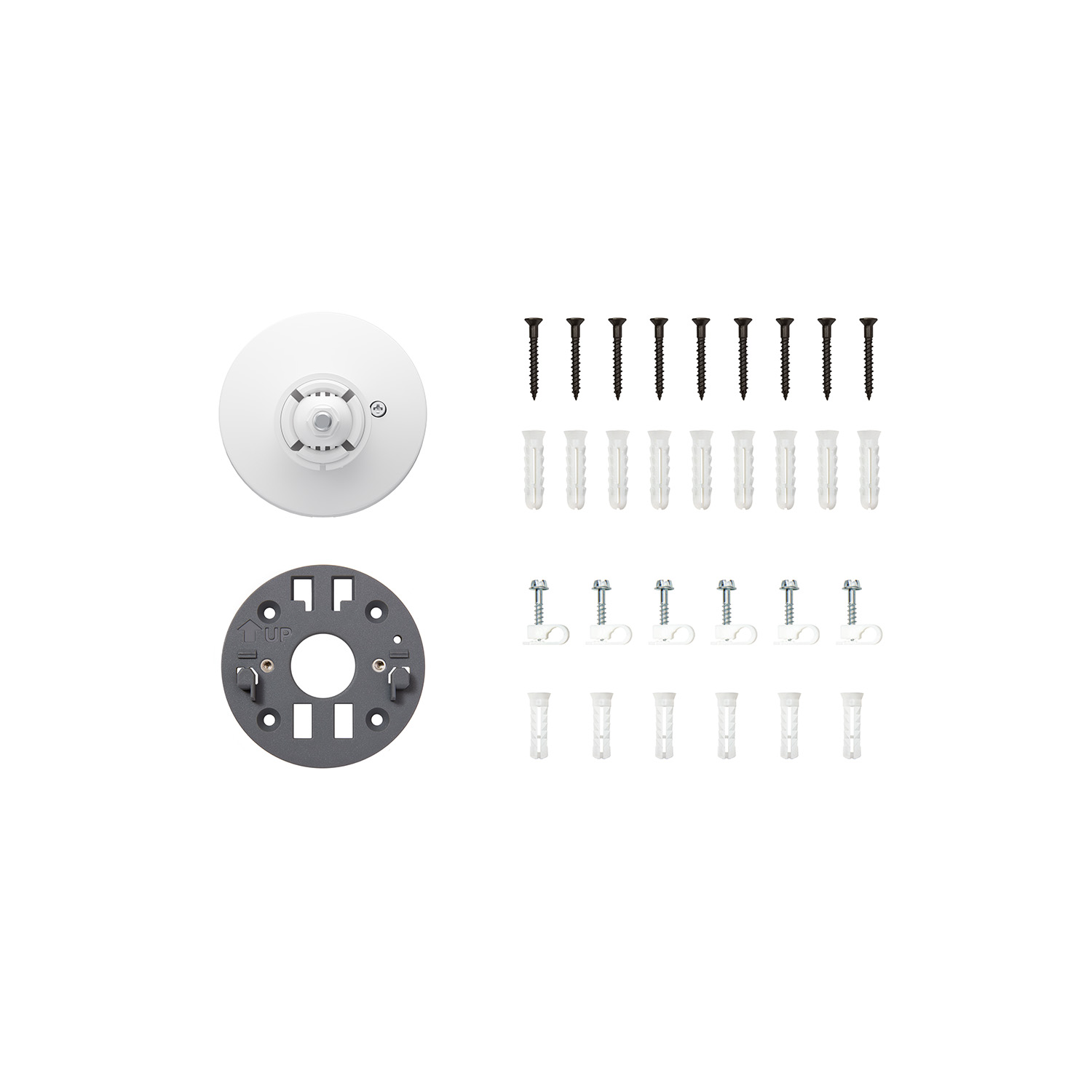 Spare Parts Kit - White camera mount and grey mounting plate, screws, wall anchors, and cable clips arranged neatly on a white background.