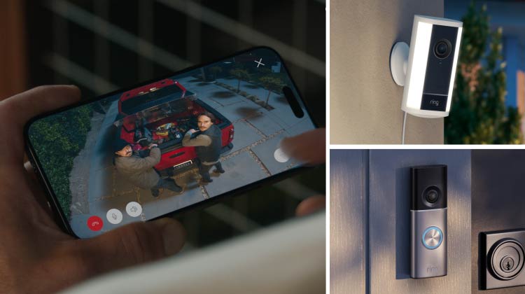 Ring security devices shown with doorbell cameras, security notification alert, and outdoor floodlight camera system.