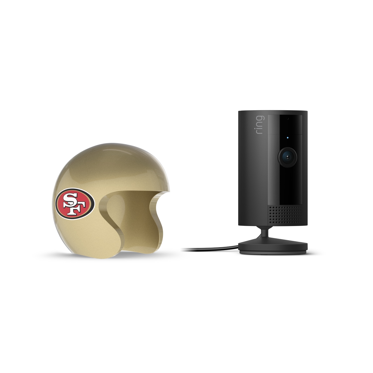 Indoor Cam, Black + NFL Game Day Cam Cover — NFC - Black Ring indoor camera on a stand next to a gold mini football helmet with a red SF logo on a white background.