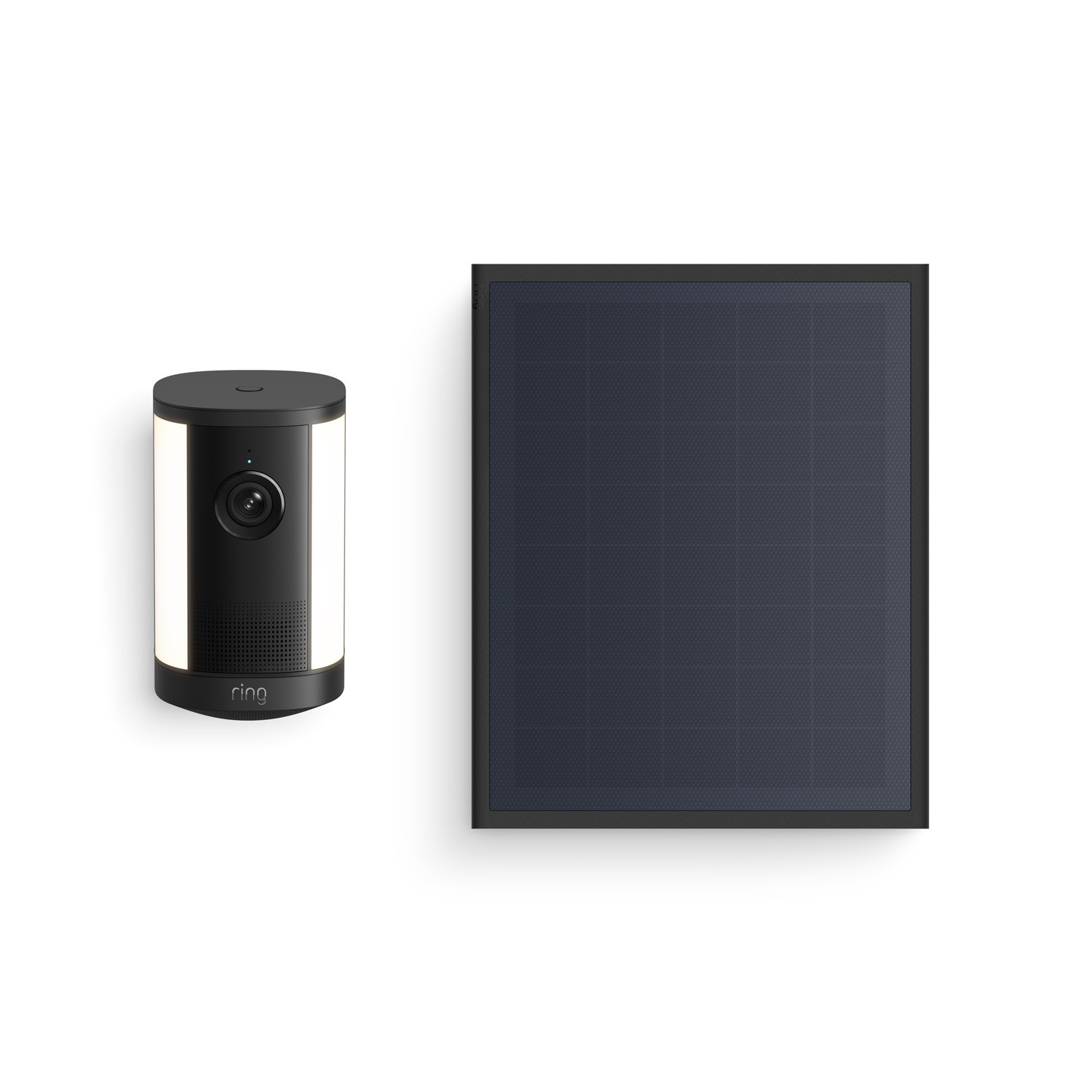 Spotlight Cam 4K Plus - Black Ring floodlight camera with side LEDs next to a rectangular black solar panel on a white background.
