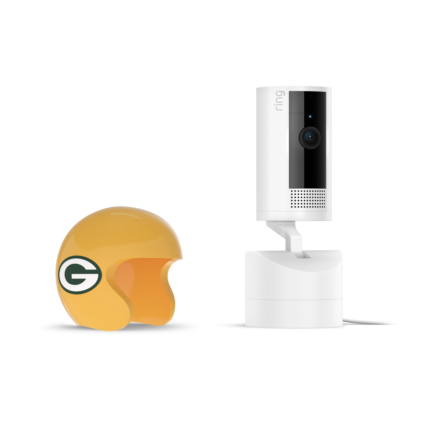 Pan-Tilt Indoor Cam, White + NFL Game Day Cam Cover — NFC - White Ring indoor camera on a stand next to a yellow Green Bay Packers mini helmet on a white background.