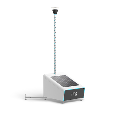 Ring-branded solar-powered device with a tall mast and camera unit, shown on a white background.
