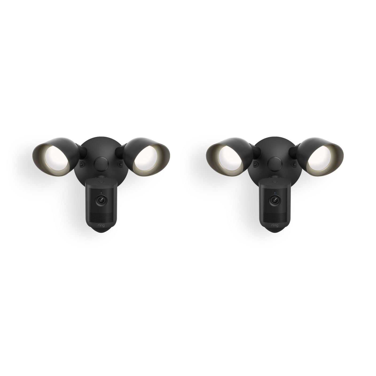 Floodlight Cam - Two black outdoor floodlight units with built-in cameras, each with dual adjustable LED lamps, shown on a white background.
