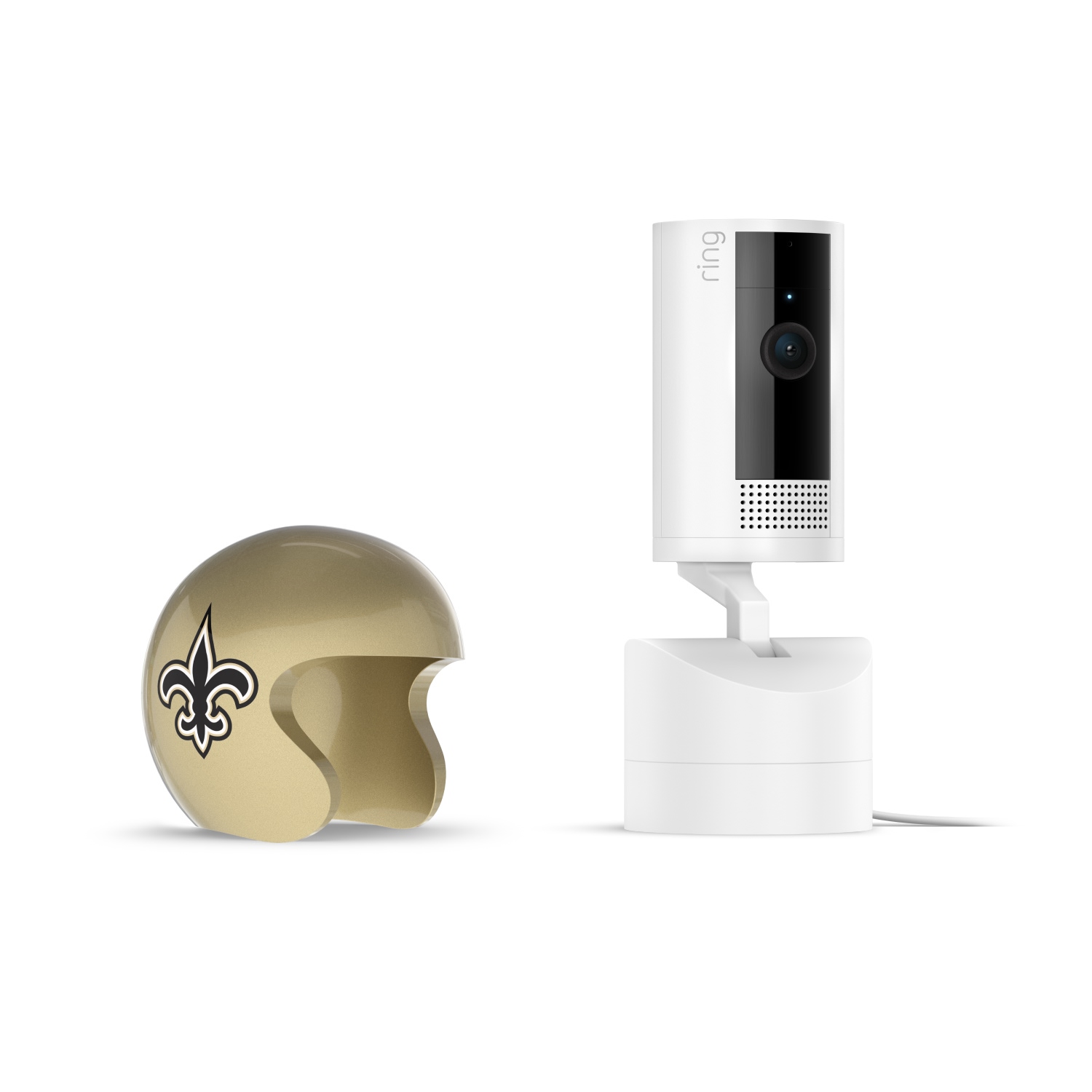Pan-Tilt Indoor Cam, White + NFL Game Day Cam Cover — NFC - White Ring indoor camera on a stand next to a small gold helmet with a black fleur-de-lis logo on a white background.