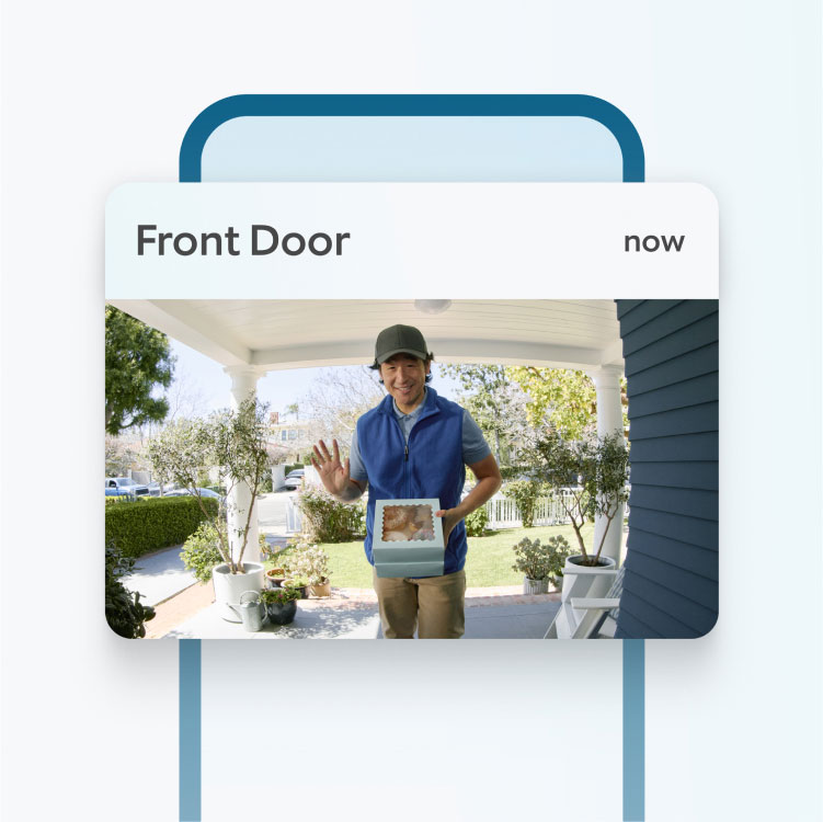 Graphic phone frame with image overlay of waving person holding box of donuts with text that reads, 'Front door, now.'