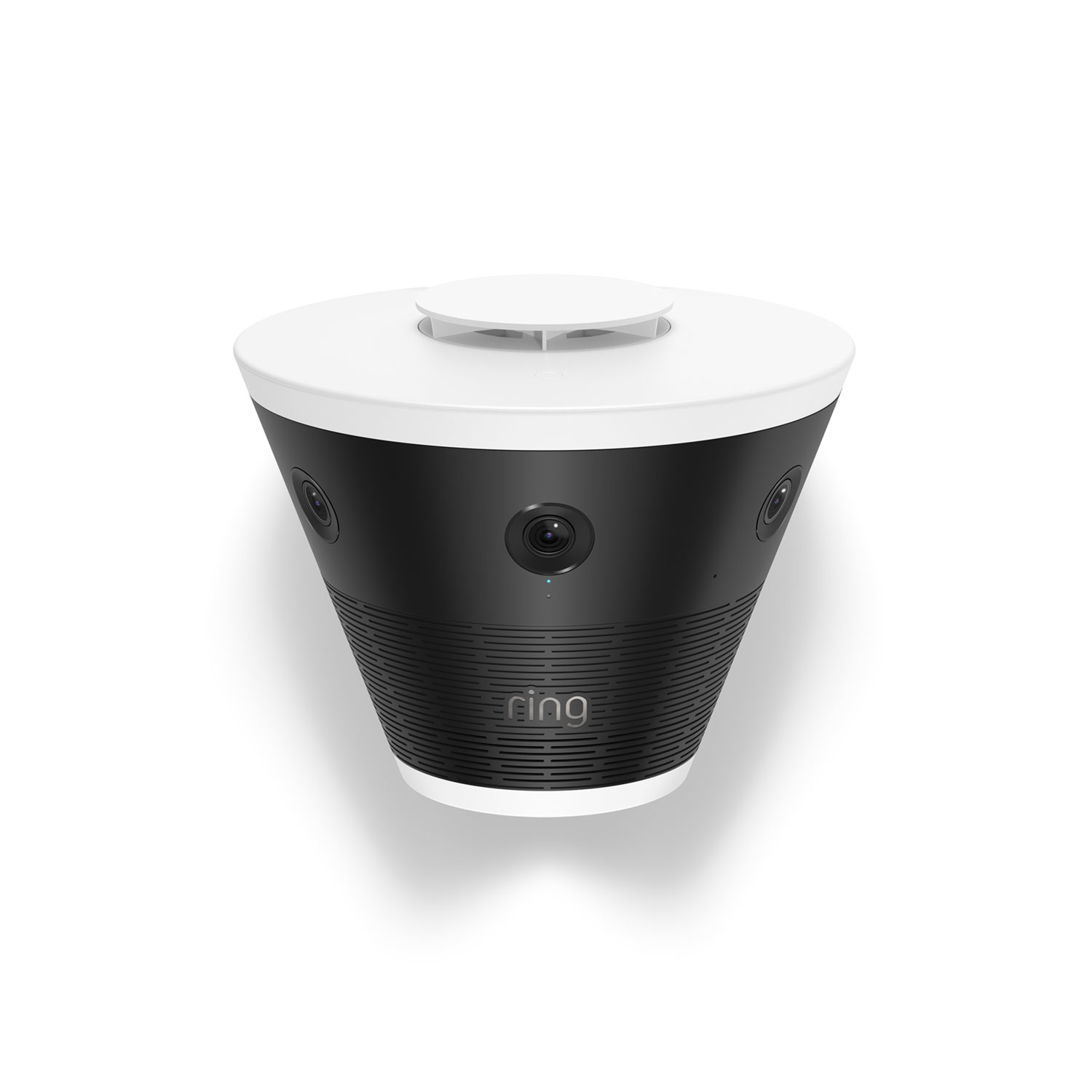 Ring Elite 270 4K - Black and white cone-shaped Ring ceiling camera with multiple lenses and speaker grille, shown against a white background.