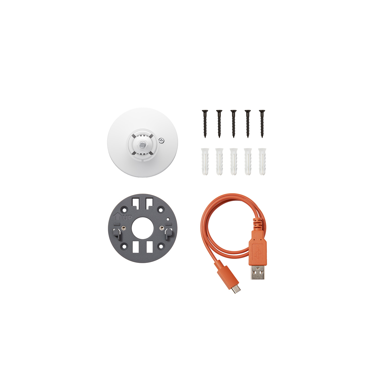 Spare Parts Kit - White camera mount with grey mounting plate, screws and anchors, and an orange USB-A to micro-USB cable arranged on a white background.