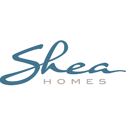 Shea Homes logo with teal cursive “Shea” above gray uppercase “HOMES” on a white background.