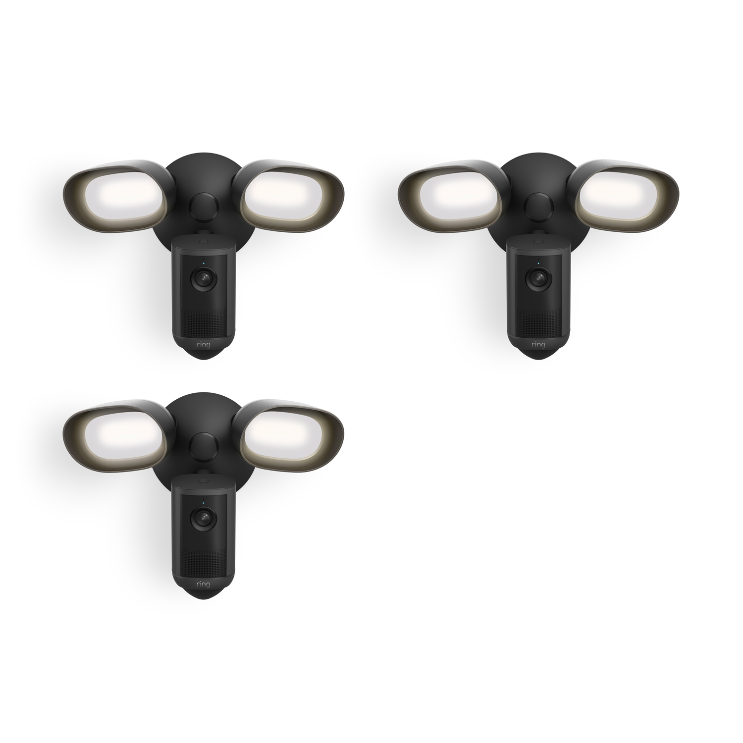 Floodlight Cam 4K Plus - Three black outdoor floodlight fixtures with built-in cameras, each with two bright oval LED lights on a white background.