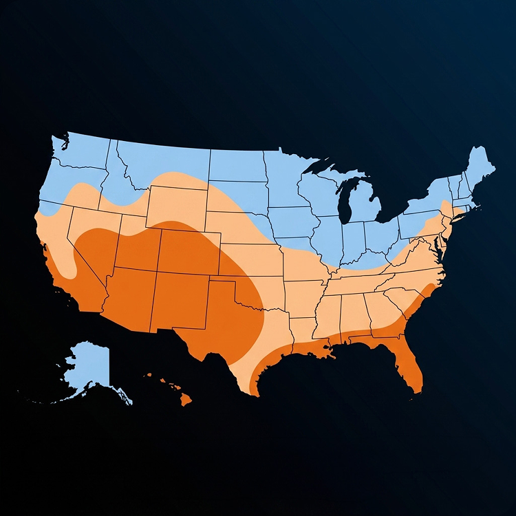 US map with gradient zones: cooler blues across the North, warmer oranges in the South and Southwest, showing sun exposure ranges.
