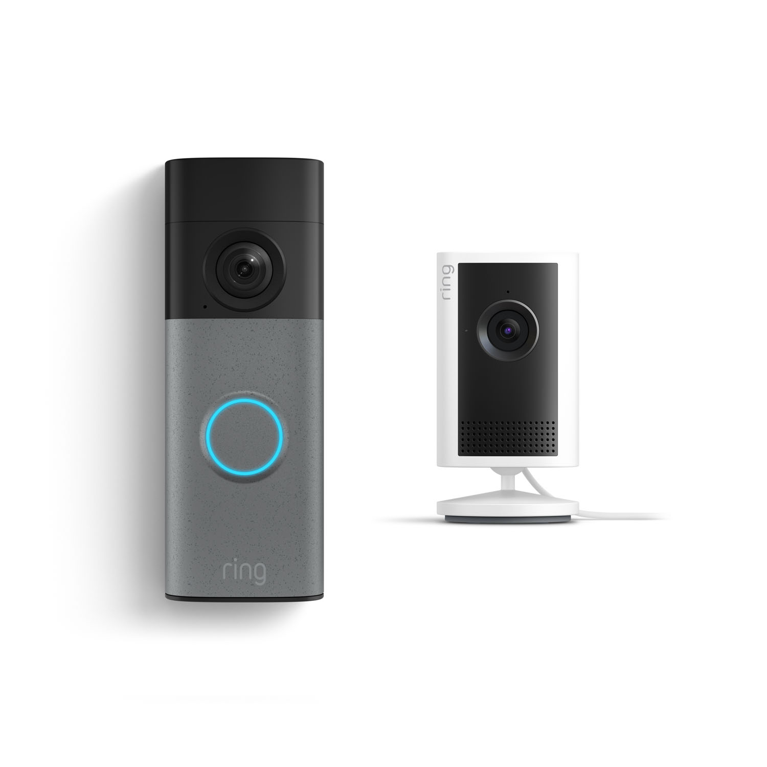 Battery Doorbell (Newest Model) + Indoor Cam Plus - Ring smart doorbell with glowing blue ring next to a compact white indoor camera on a stand, both shown against a white background.