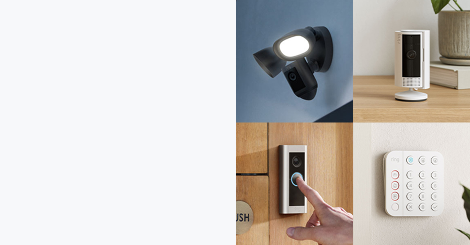 Image collage showing various Ring features and products.