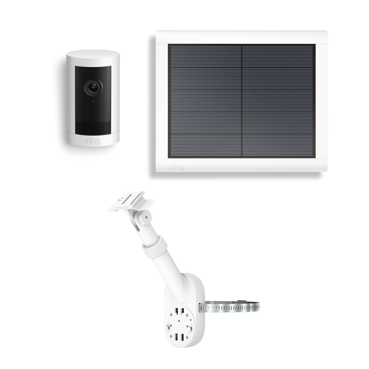 White Outdoor Security Camera Battery + Solar Panel + Pole & Wall Mount